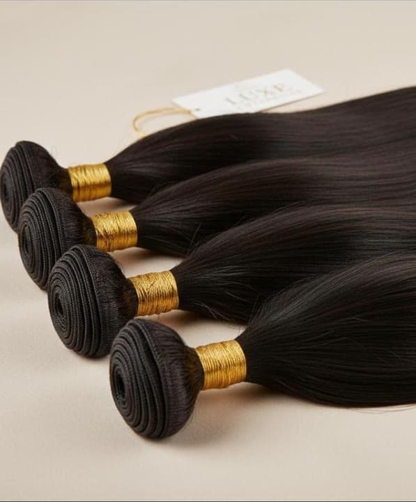 Three bundles of straight single donor hair tied with gold bands